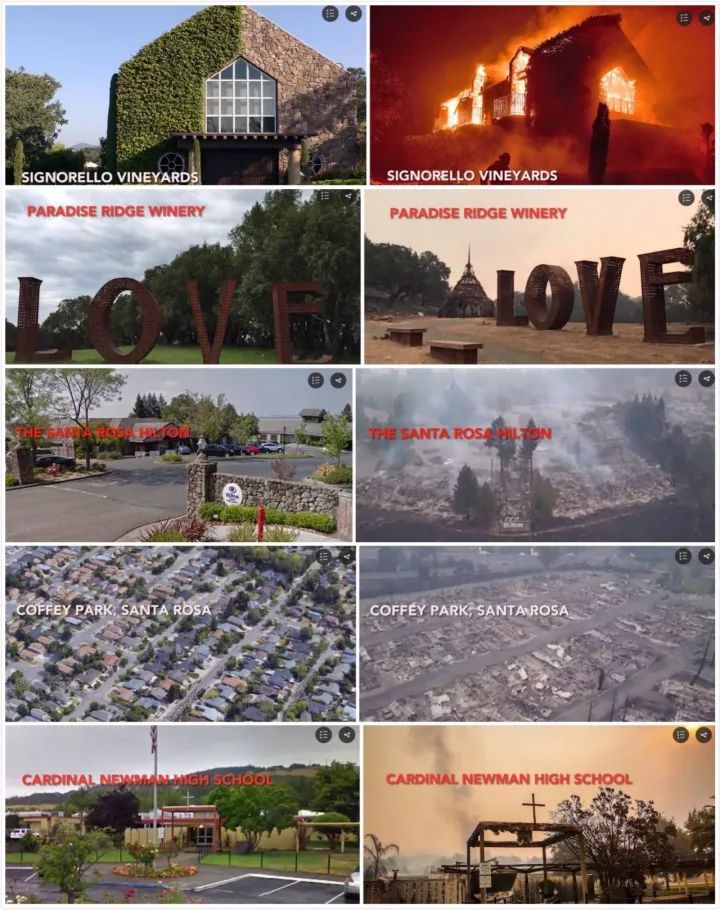 ▲图为一组当地媒体整理的火灾前后对比照，从上至下分别是被焚毁的美丽酒庄、希尔顿别墅酒店，整个居民社区，以及学校等等。。。。。。