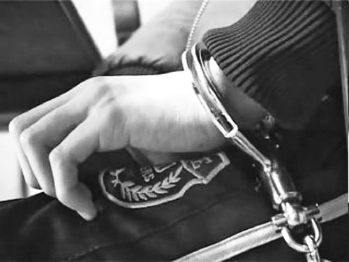 舟舟戴着手铐在接受审讯。