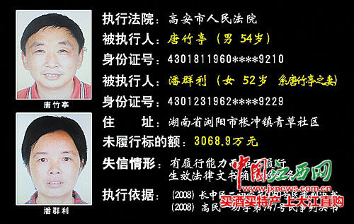 唐竹亭及其妻潘群利在江西省高院公布的2014年第1期“诚信红黑榜”中上黑榜