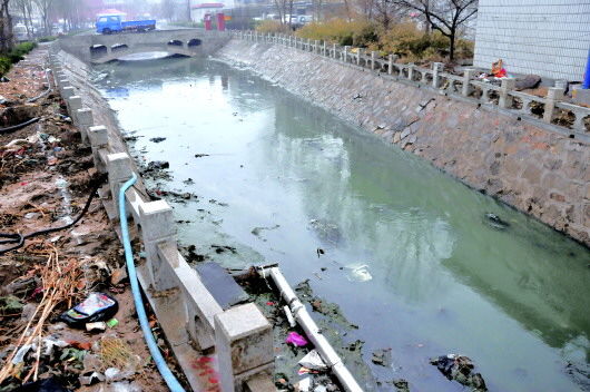流经滨州城区的秦台河河水又脏又臭,臭味熏天。本报记者　李运恒　摄 　　