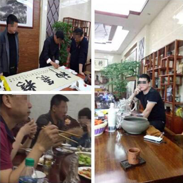 左上为县森林公安程姓领导在‘行宫’会友、左下为县森林公安虞姓领导在‘行宫’吃饭、右为长发公司总经理吴某。